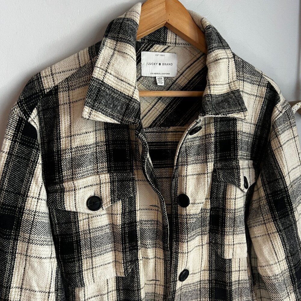 Lucky Brand Womens Buffalo Plaid Midweight Shacket Shirt Jacket MEDIUM Beige - Picture 3 of 12